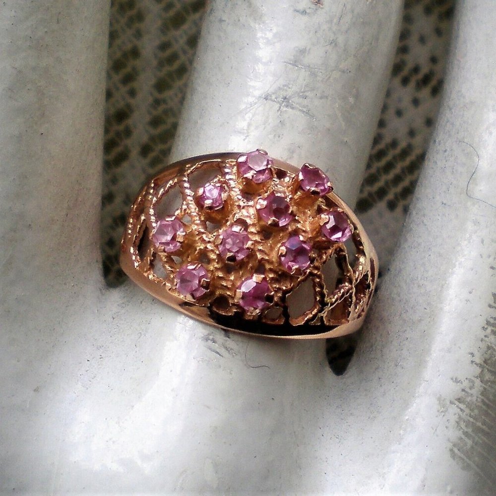 Russian USSR 14K 583 Rose Pink Gold Pink Tourmaline Cluster Basket Weave Ring